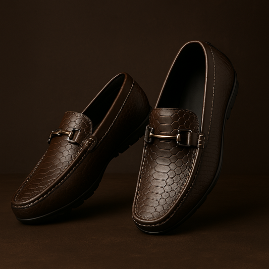 Handcrafted Crocodile Loafers with Signature Double Buckle Brown