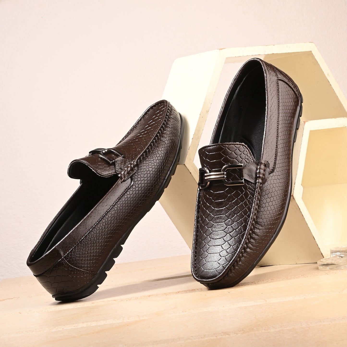 Handcrafted Crocodile Loafers with Signature Double Buckle Brown