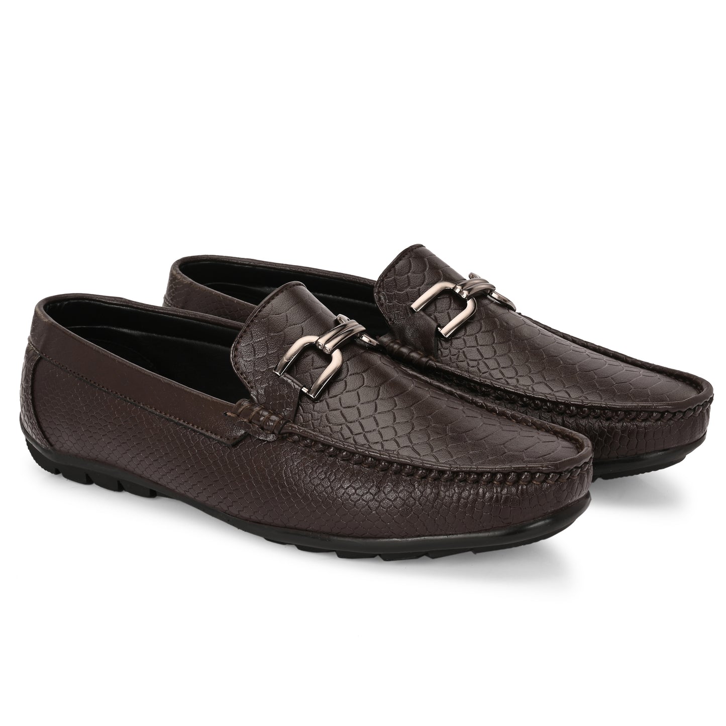 Handcrafted Crocodile Loafers with Signature Double Buckle Brown