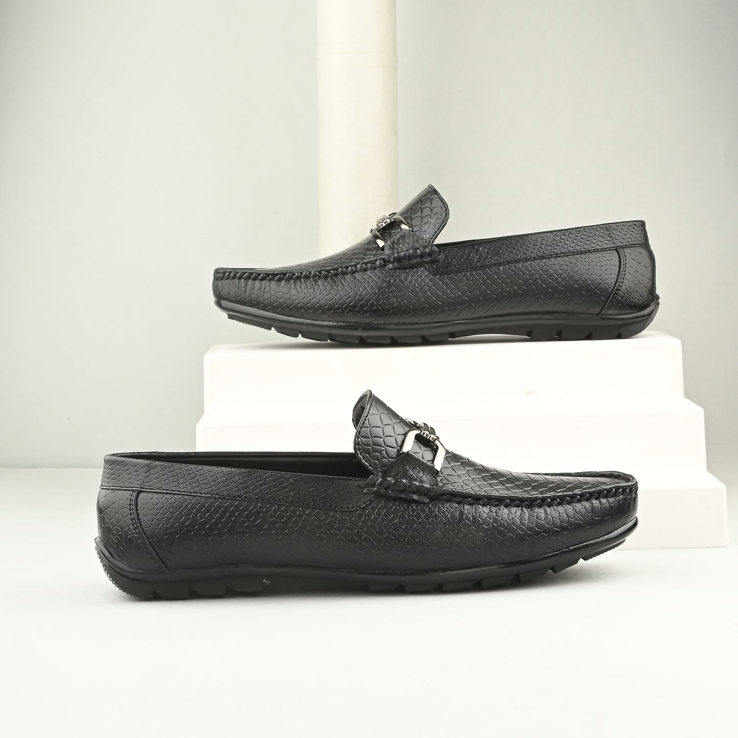 Handcrafted Crocodile Loafers with Signature Double Buckle Black