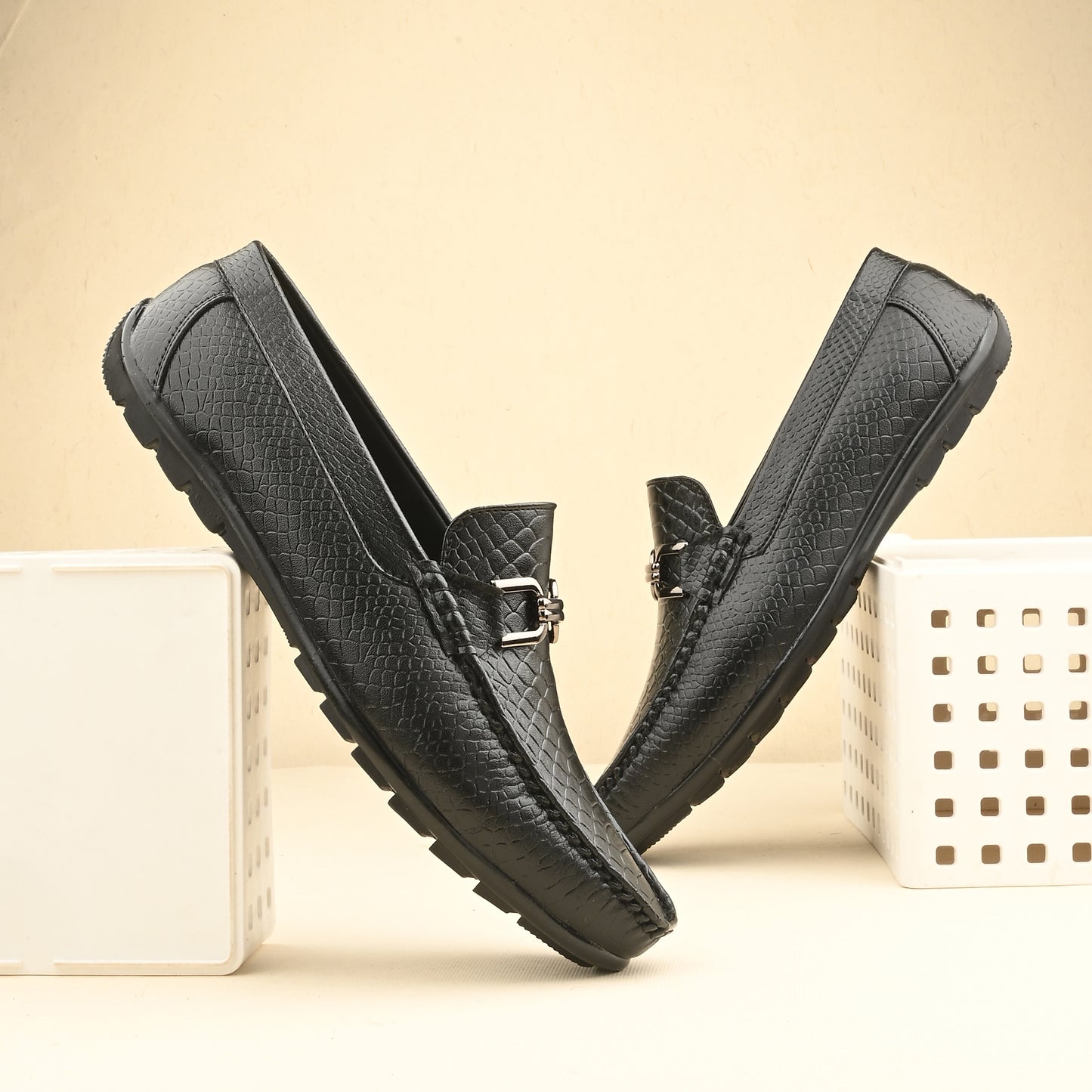 Handcrafted Crocodile Loafers with Signature Double Buckle Black