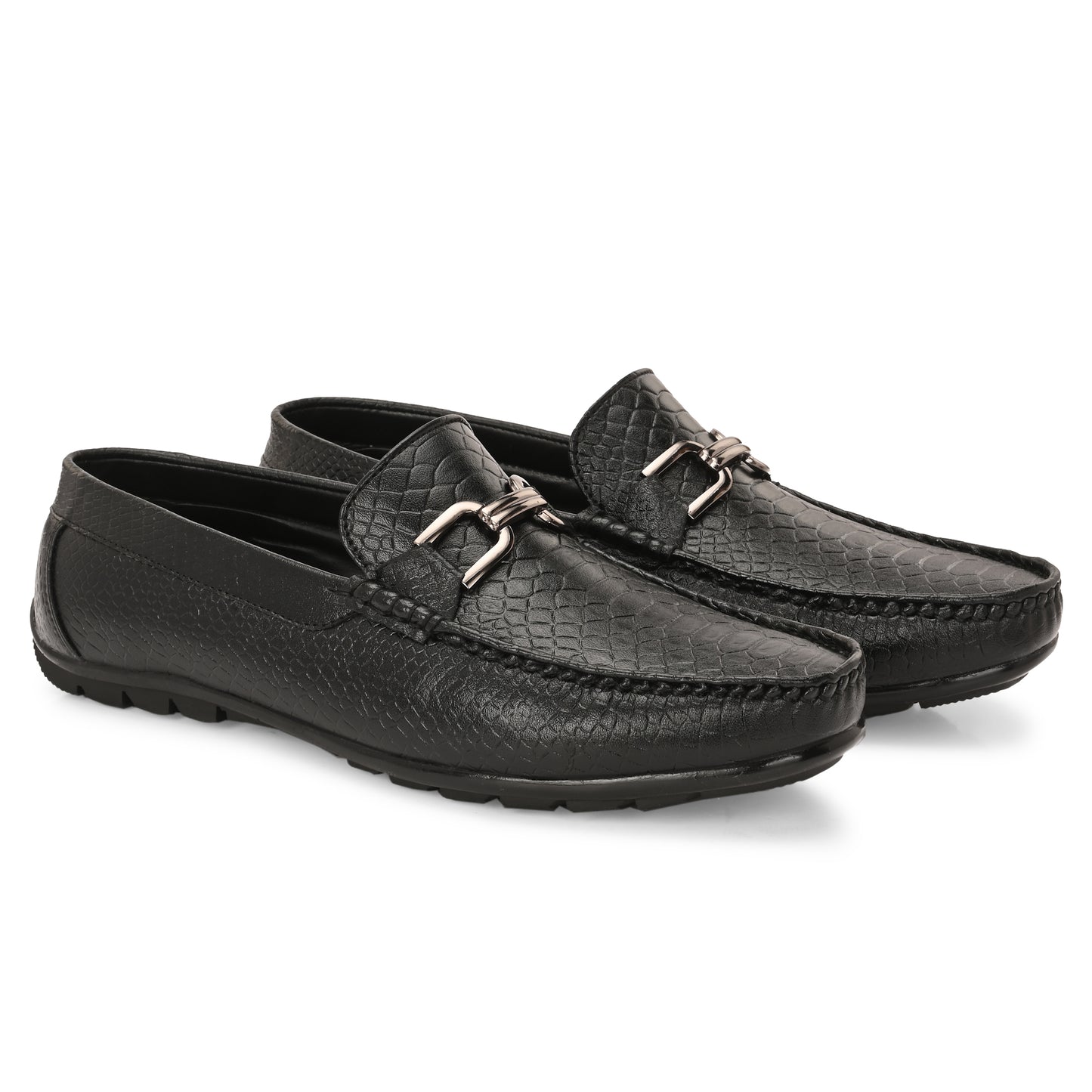 Handcrafted Crocodile Loafers with Signature Double Buckle Black