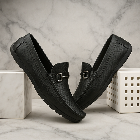 Handcrafted Crocodile Loafers with Signature Double Buckle Black