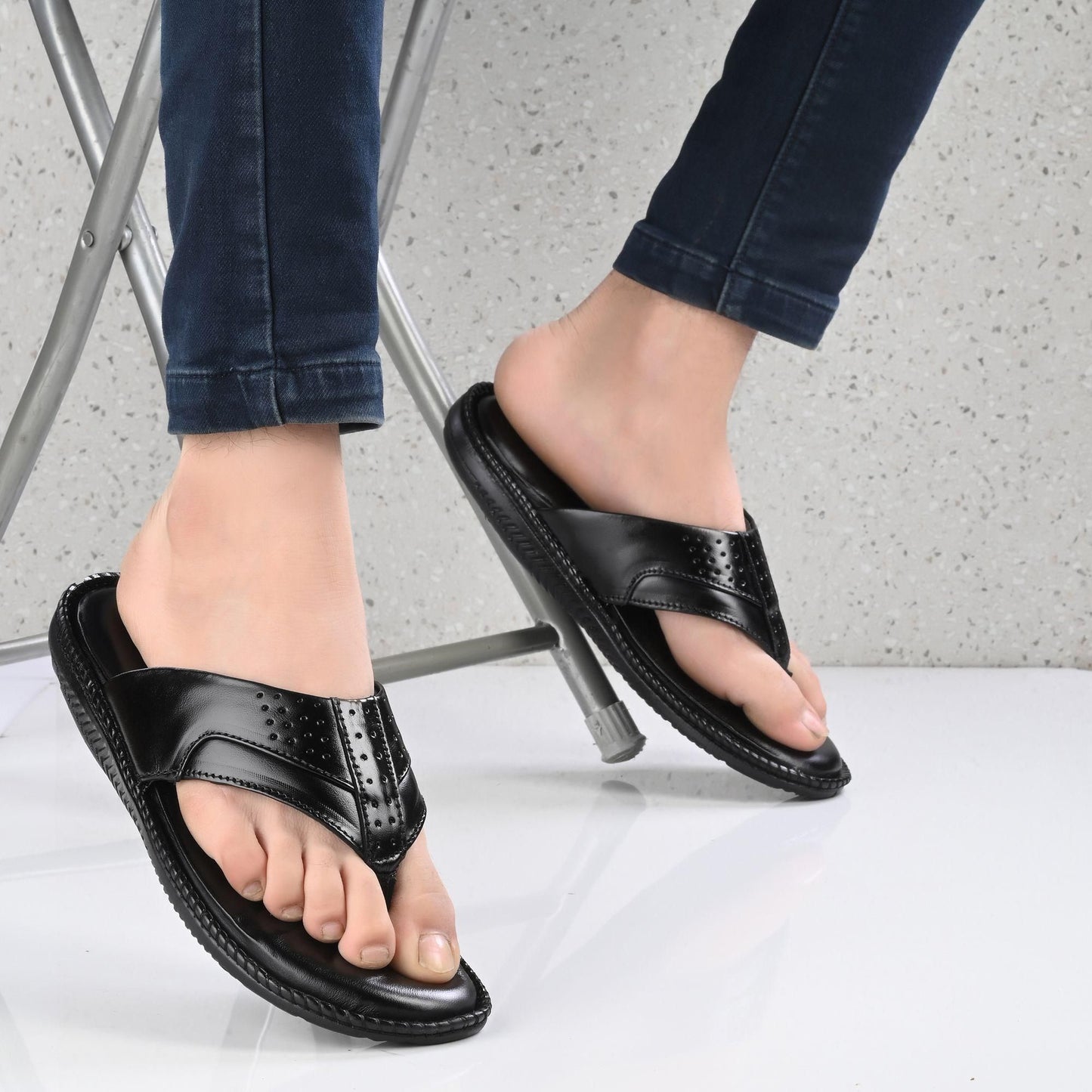 Men's Black Genuine Leather Slippers by KNIGHT WALKERS